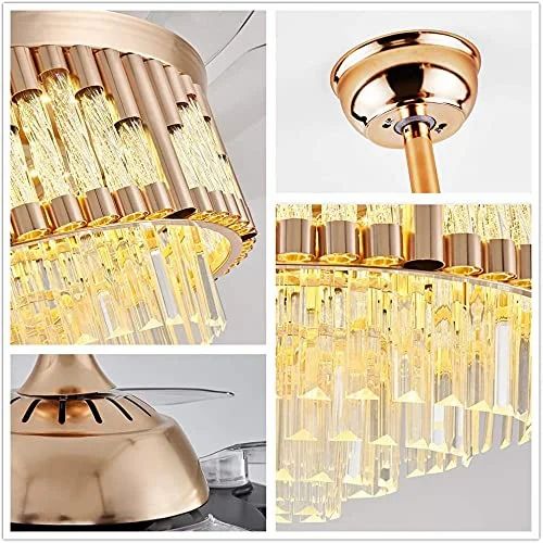Crystal Ceiling Fans with Lights Retractable Blades Remote Control Modern Luxury LED Chandelier Fan.