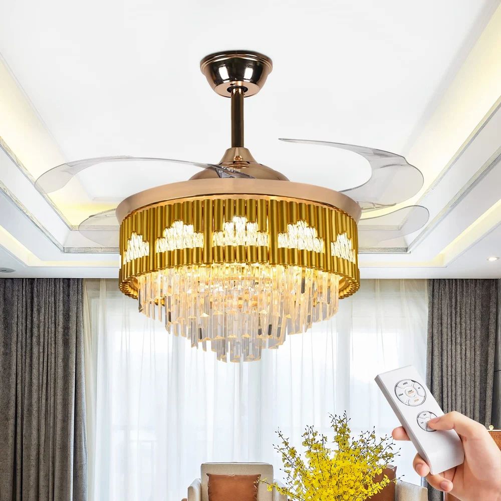 Crystal Ceiling Fans with Lights Retractable Blades Remote Control Modern Luxury LED Chandelier Fan.