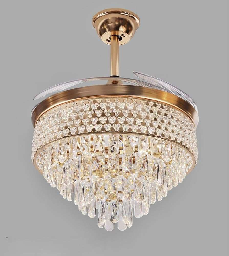 Crystal Chandelier with 4 Transparent Retractable ABS Fan Blades Ceiling Fan Light with Remote Control.
