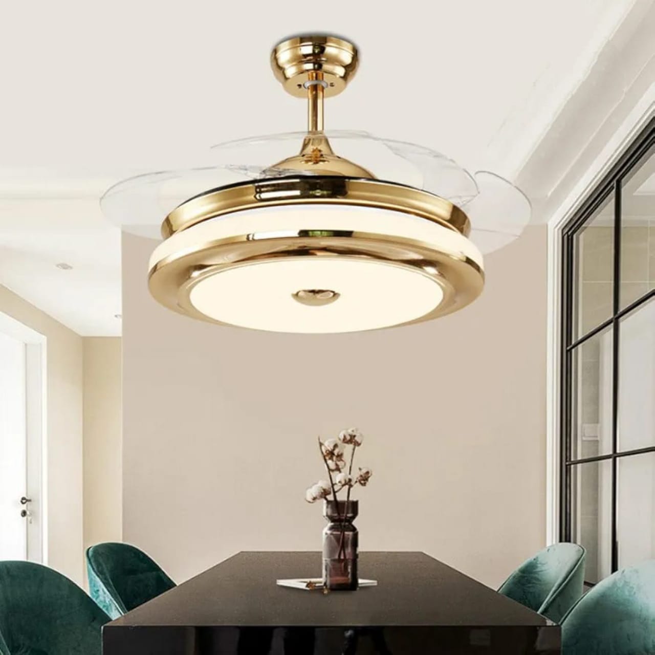 Reversible Retractable Ceiling Fans with LED Light and Remote Control, Ceiling fan Chandelier with 4 Clear ABS Blade, Dining Room Fandelier Indoor Ceiling Light with Fans (Gold)