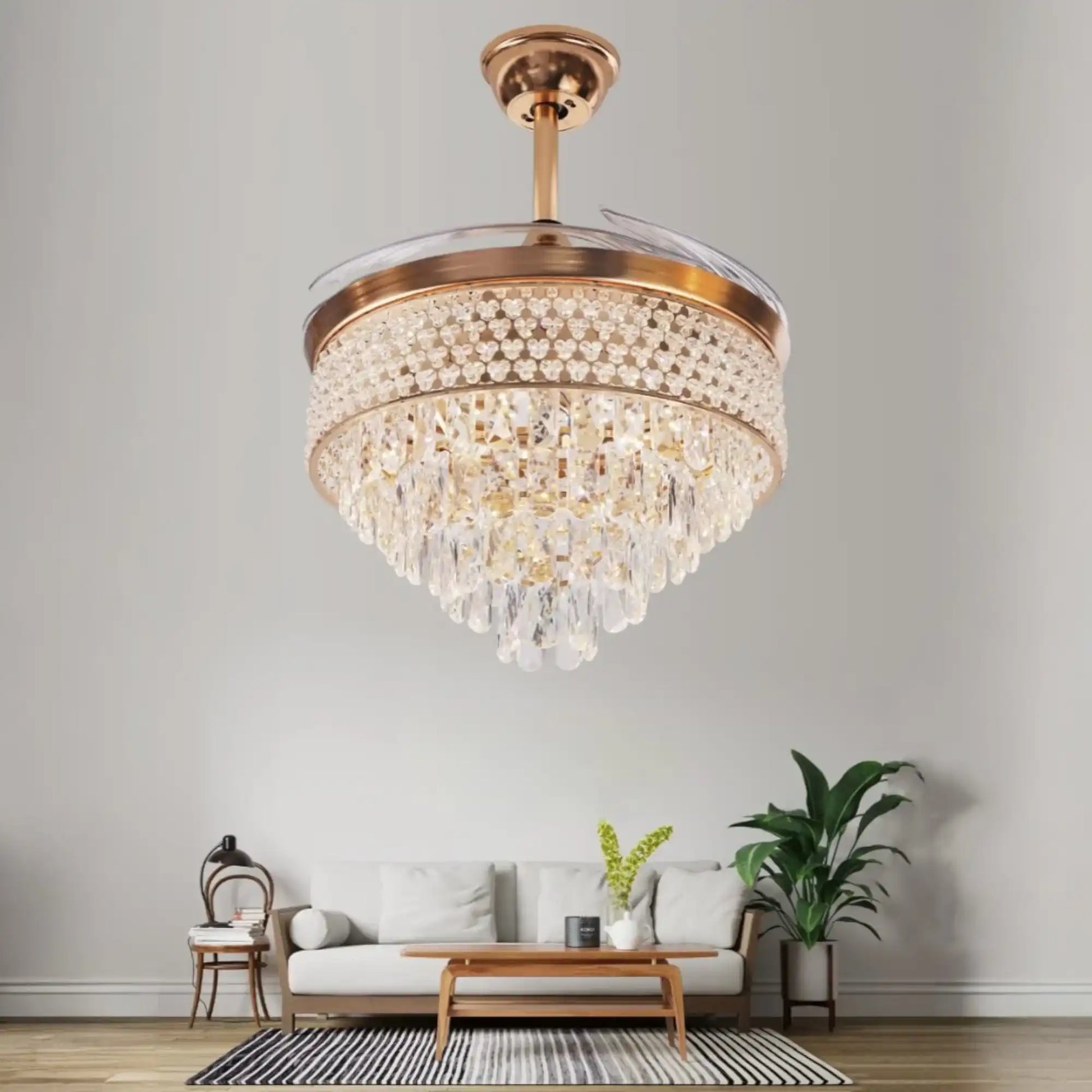 Crystal Chandelier with 4 Transparent Retractable ABS Fan Blades Ceiling Fan Light with Remote Control.