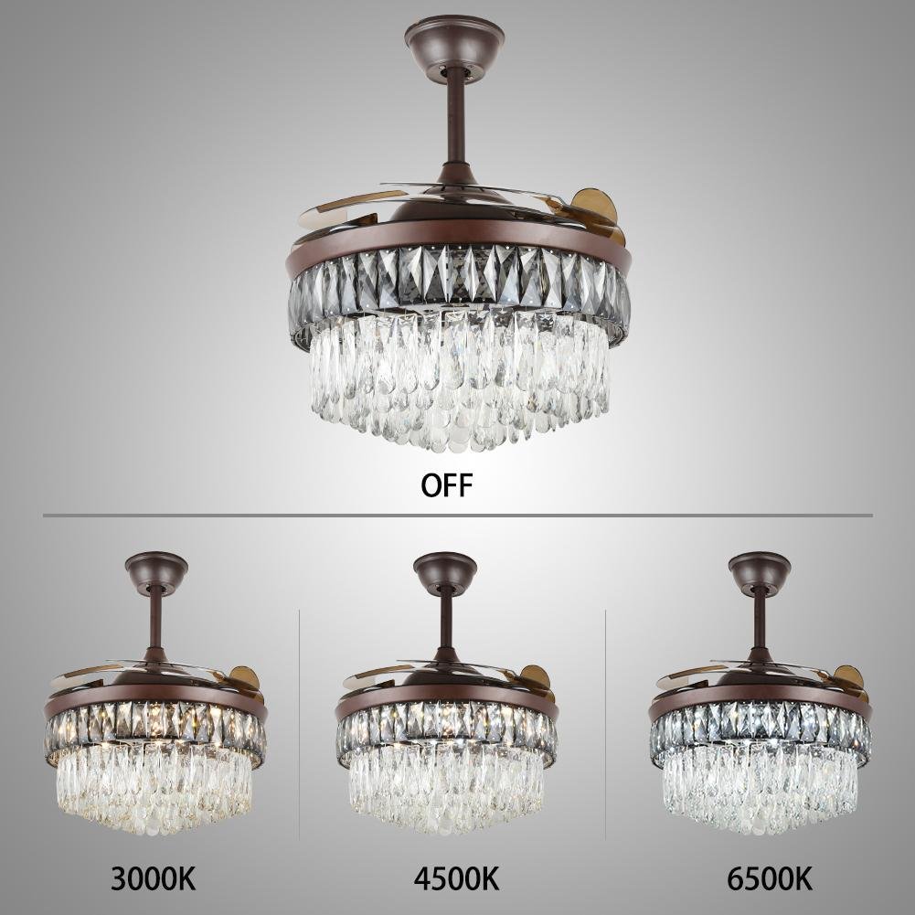 Luxury Ceiling Fan Crystal Chandelier Fan Polished Gold Retractable Ceiling Fans Light Reversible LED 3 Color (Brown)