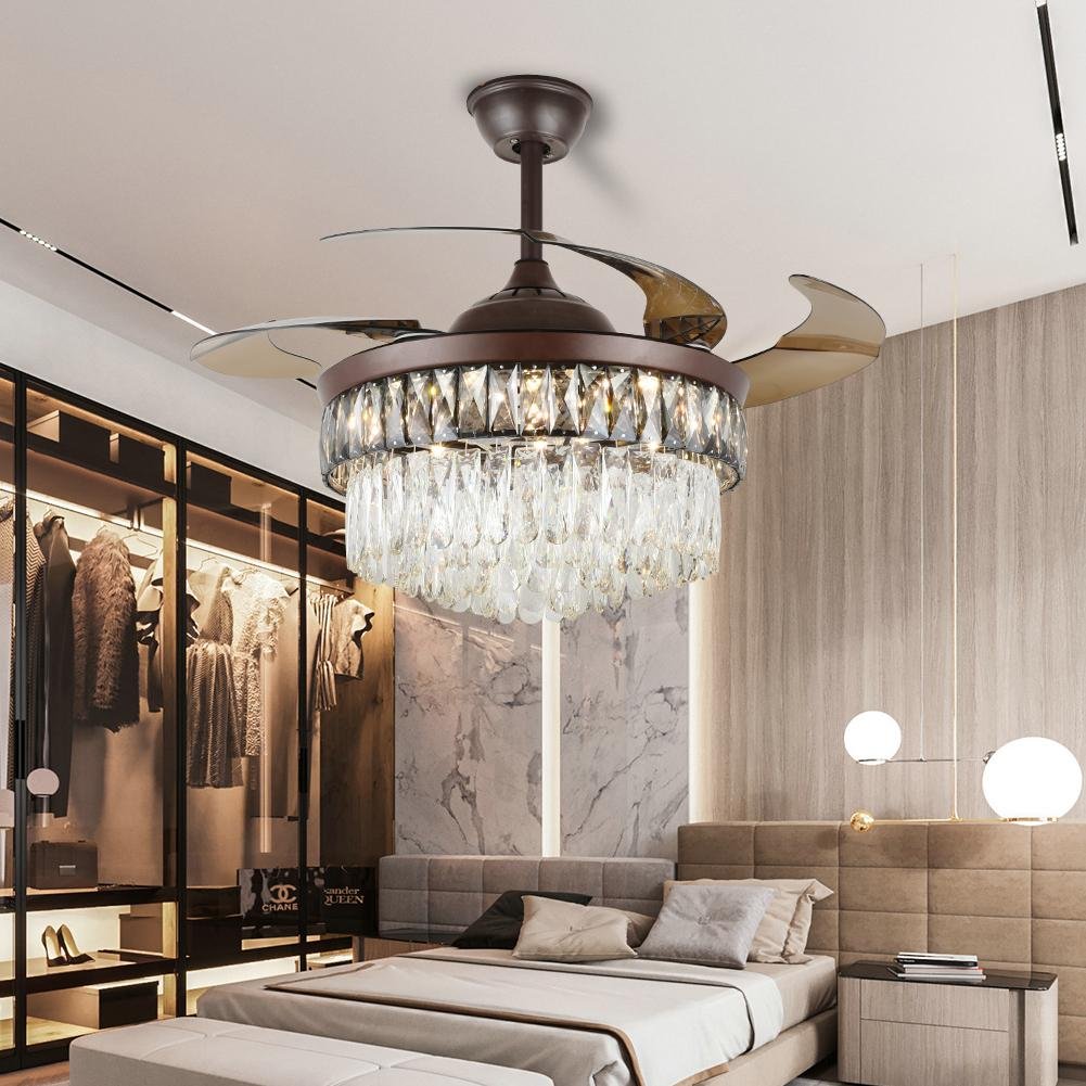 Luxury Ceiling Fan Crystal Chandelier Fan Polished Gold Retractable Ceiling Fans Light Reversible LED 3 Color (Brown)
