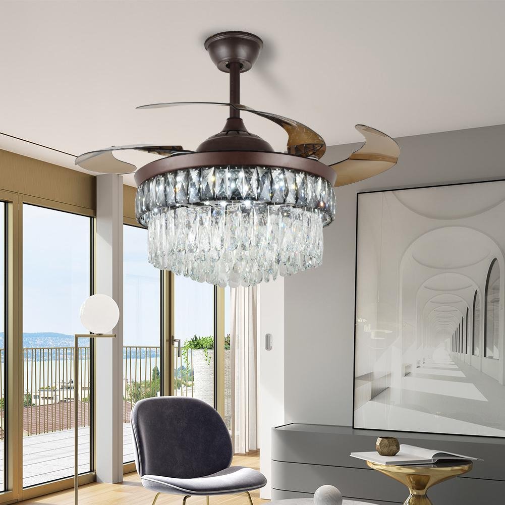 Luxury Ceiling Fan Crystal Chandelier Fan Polished Gold Retractable Ceiling Fans Light Reversible LED 3 Color (Brown)