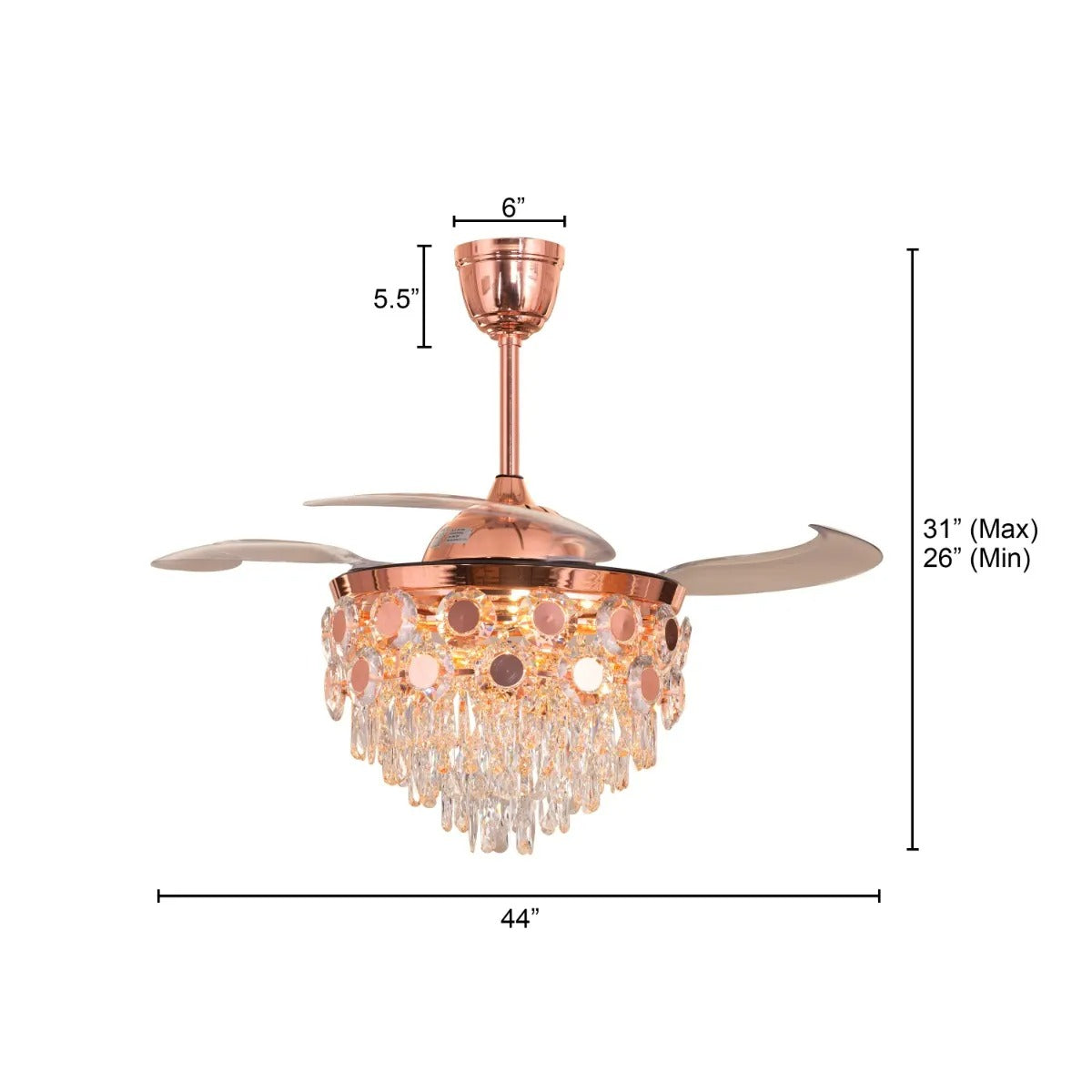 Luxury Rose Gold Retractable Ceiling Fan + Chandelier Light (with Remote Control)