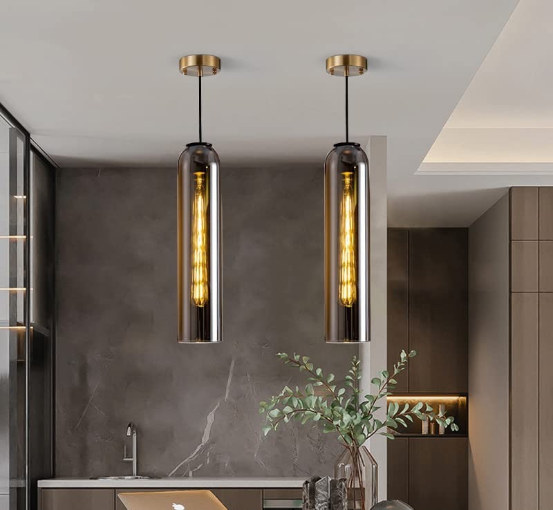 LED Gold Long Smokey Glass Pendant Lamp Ceiling Light