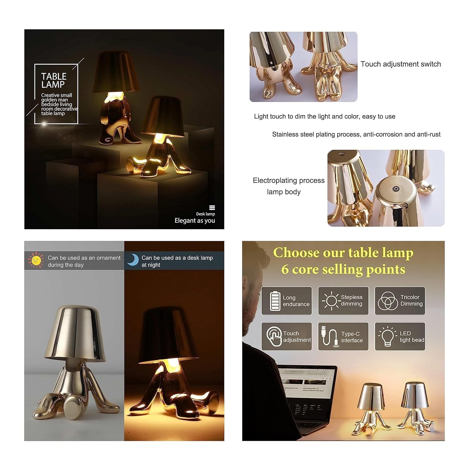 Gold Man Wireless Touch Led Sitting Lamp