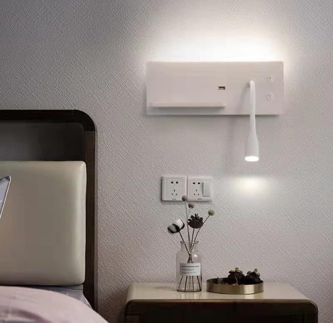 Wall Spotlight with Adjustable Head, Wireless and USB Charging for Bedside-Warm White