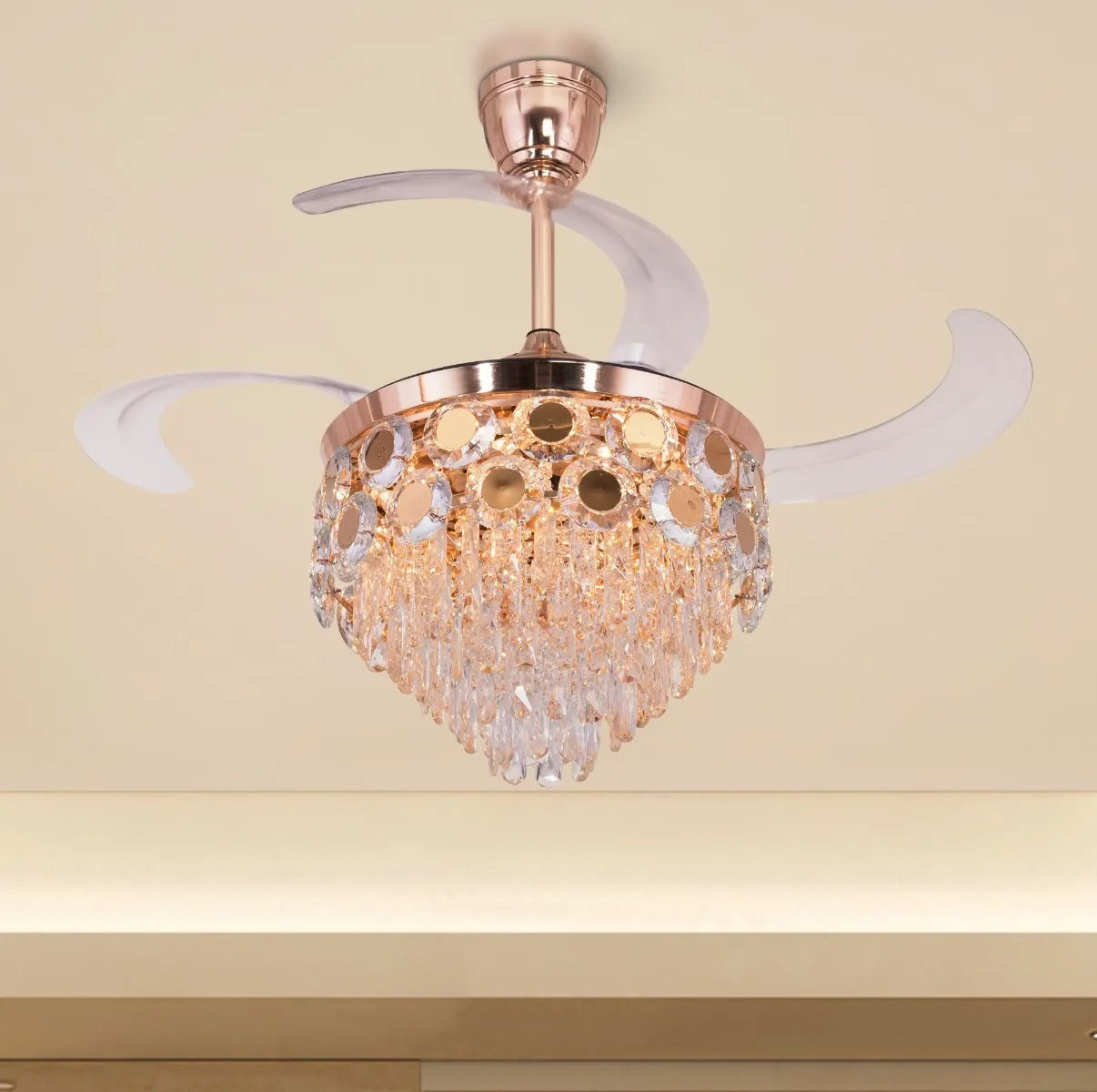 Luxury Rose Gold Retractable Ceiling Fan + Chandelier Light (with Remote Control)