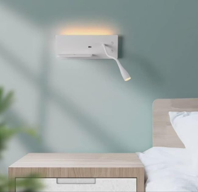 Wall Spotlight with Adjustable Head, Wireless and USB Charging for Bedside-Warm White