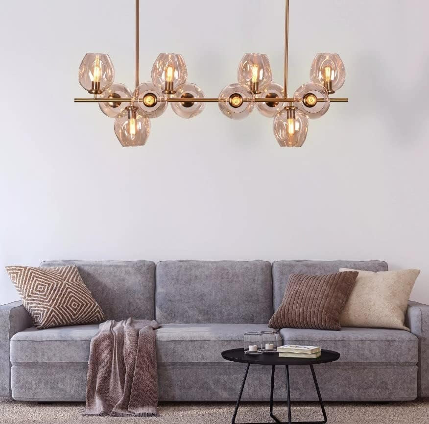 Gold Metal Amber Glass Chandelier Ceiling Light - Warm White
