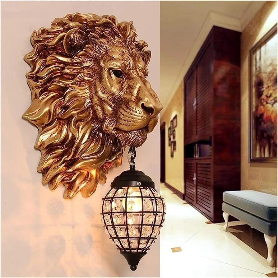 Royal 3D Lion Head Golden Statue Style Decoration Dual Purpose Wall Lamp