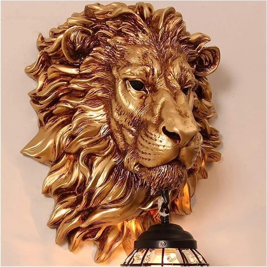Royal 3D Lion Head Golden Statue Style Decoration Dual Purpose Wall Lamp