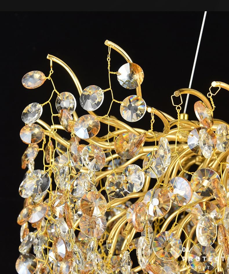 Crystal Gold LED Tree Chandelier Light for Living Room Round Dining Room Chandelier