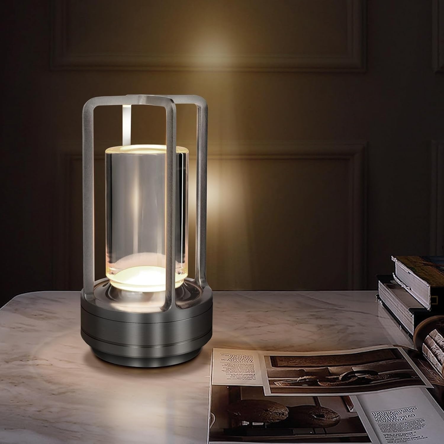 Table Lamp for Outdoor Indoor, Portable Metal Desk Lamp, Rechargeable LED Crystal Lantern Lamp