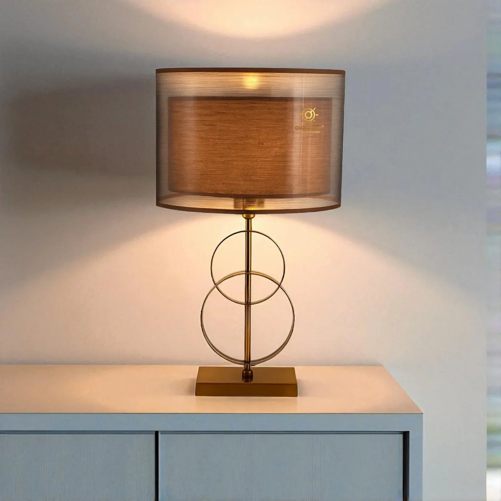Fabric Shade Brown Base Rings Desk Table Lamp