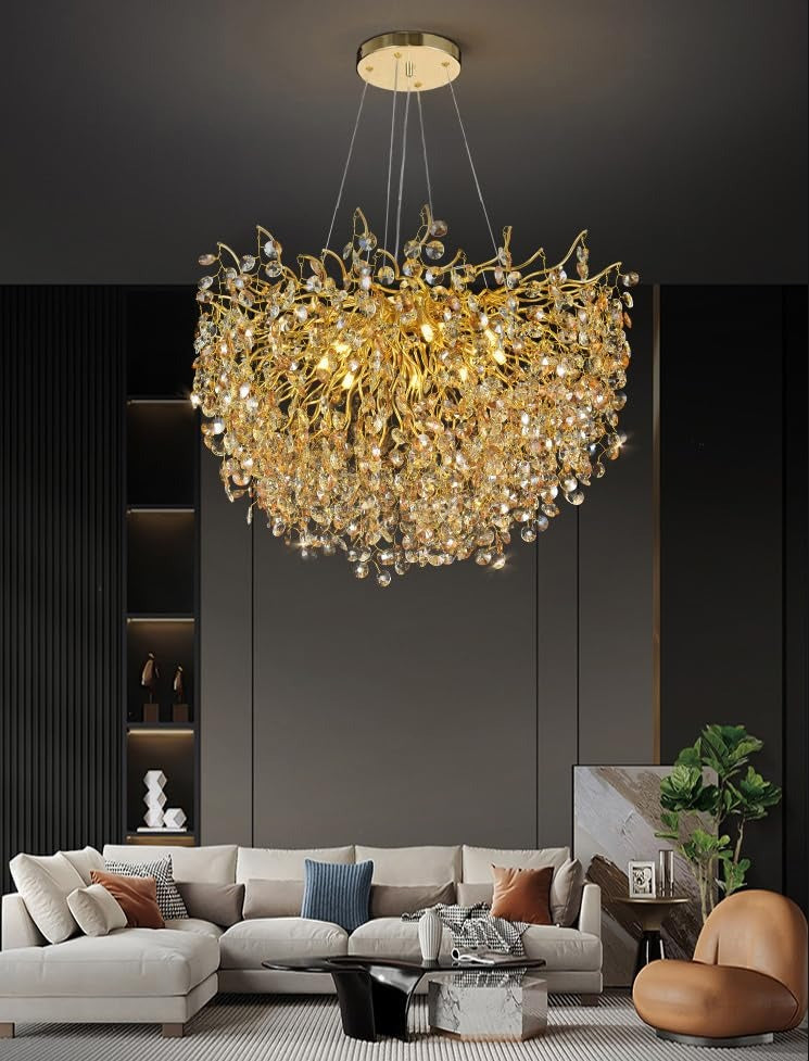 Crystal Gold LED Tree Chandelier Light for Living Room Round Dining Room Chandelier
