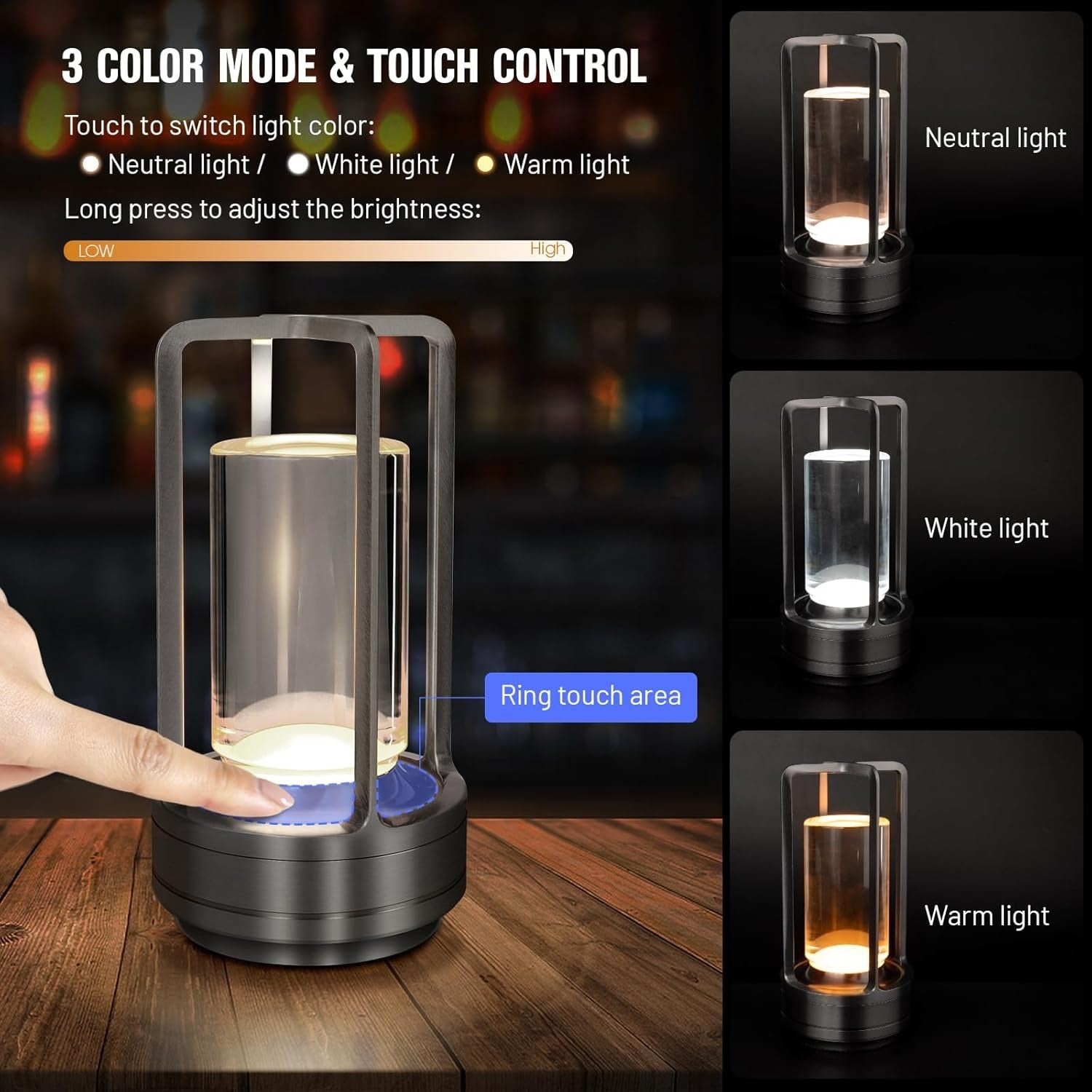 Table Lamp for Outdoor Indoor, Portable Metal Desk Lamp, Rechargeable LED Crystal Lantern Lamp