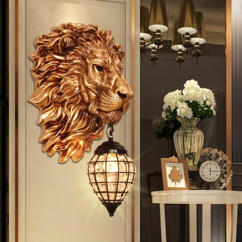 Royal 3D Lion Head Golden Statue Style Decoration Dual Purpose Wall Lamp
