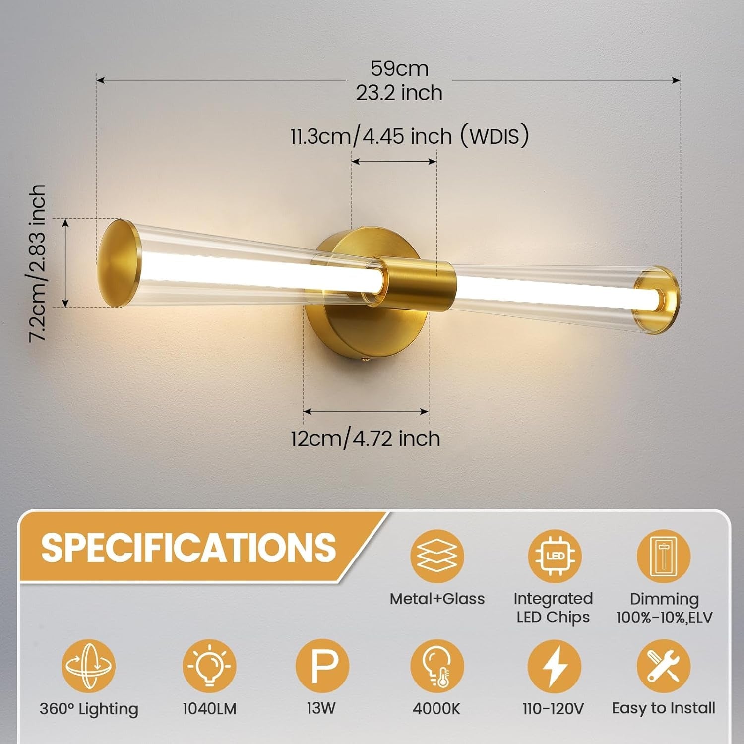 Gold Vanity Light for Bathroom Modern Bathroom Light Fixture Dimmable LED 23inch Horizontal/Vertical Bathroom Wall