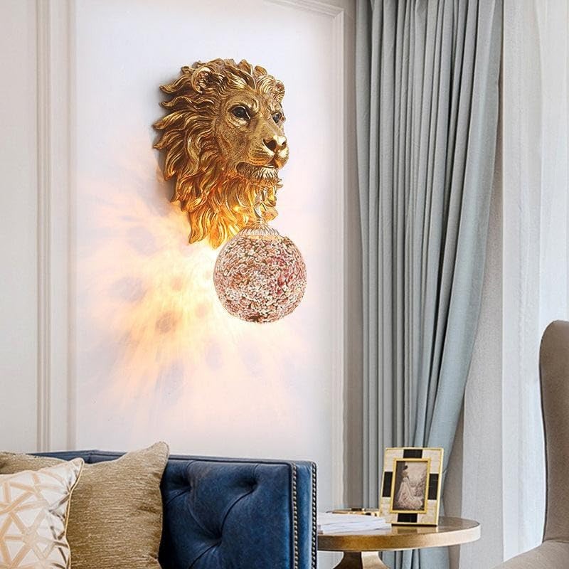 Royal 3D Lion Head Golden Statue Style Decoration Dual Purpose Wall Lamp