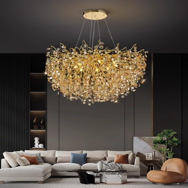 Crystal Gold LED Tree Chandelier Light for Living Room Round Dining Room Chandelier