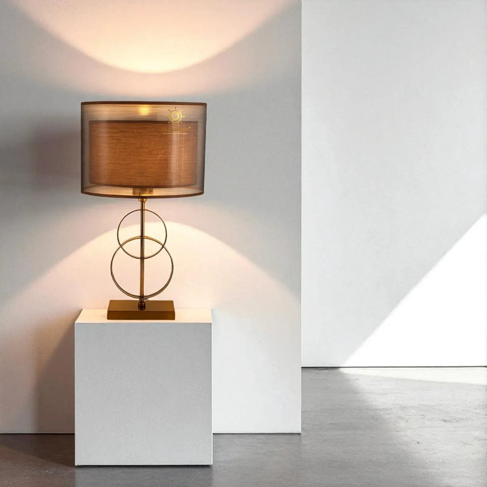 Fabric Shade Brown Base Rings Desk Table Lamp