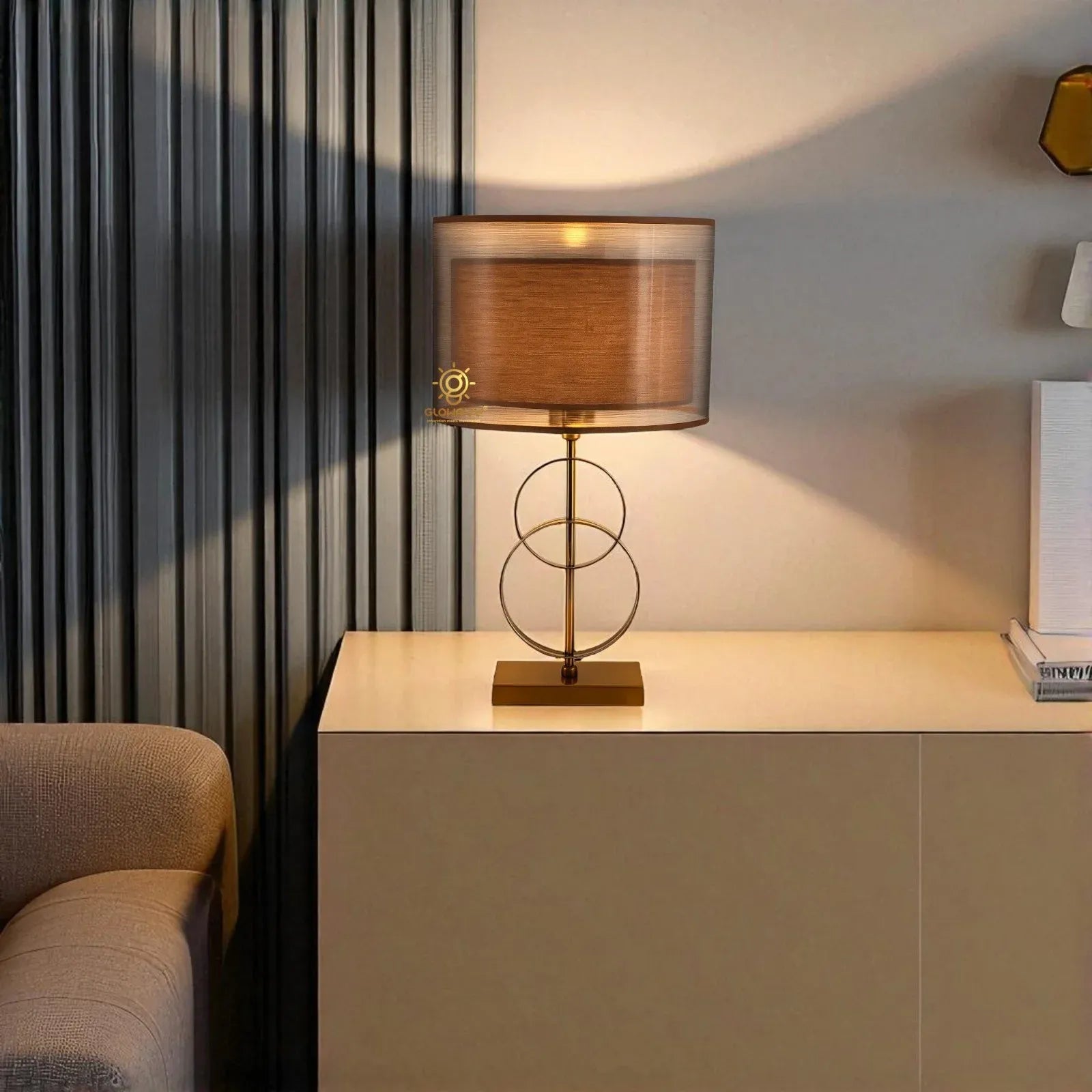 Fabric Shade Brown Base Rings Desk Table Lamp