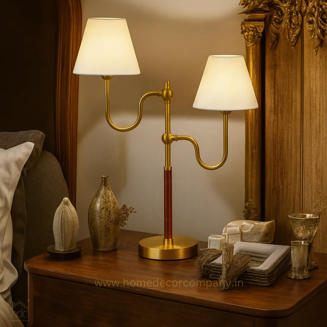 Fabric Shade Golden Base Dual Head Desk Table Lamp