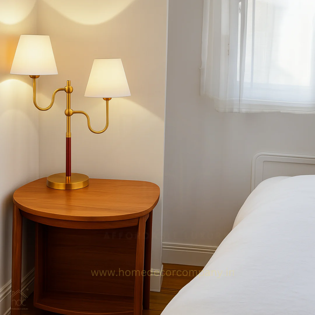 Fabric Shade Golden Base Dual Head Desk Table Lamp