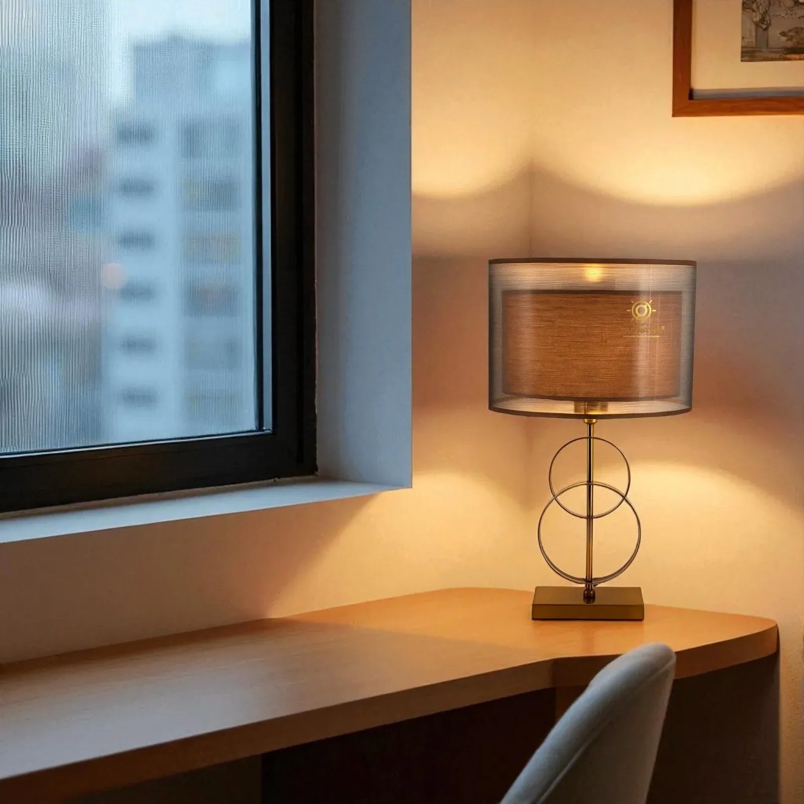 Fabric Shade Brown Base Rings Desk Table Lamp