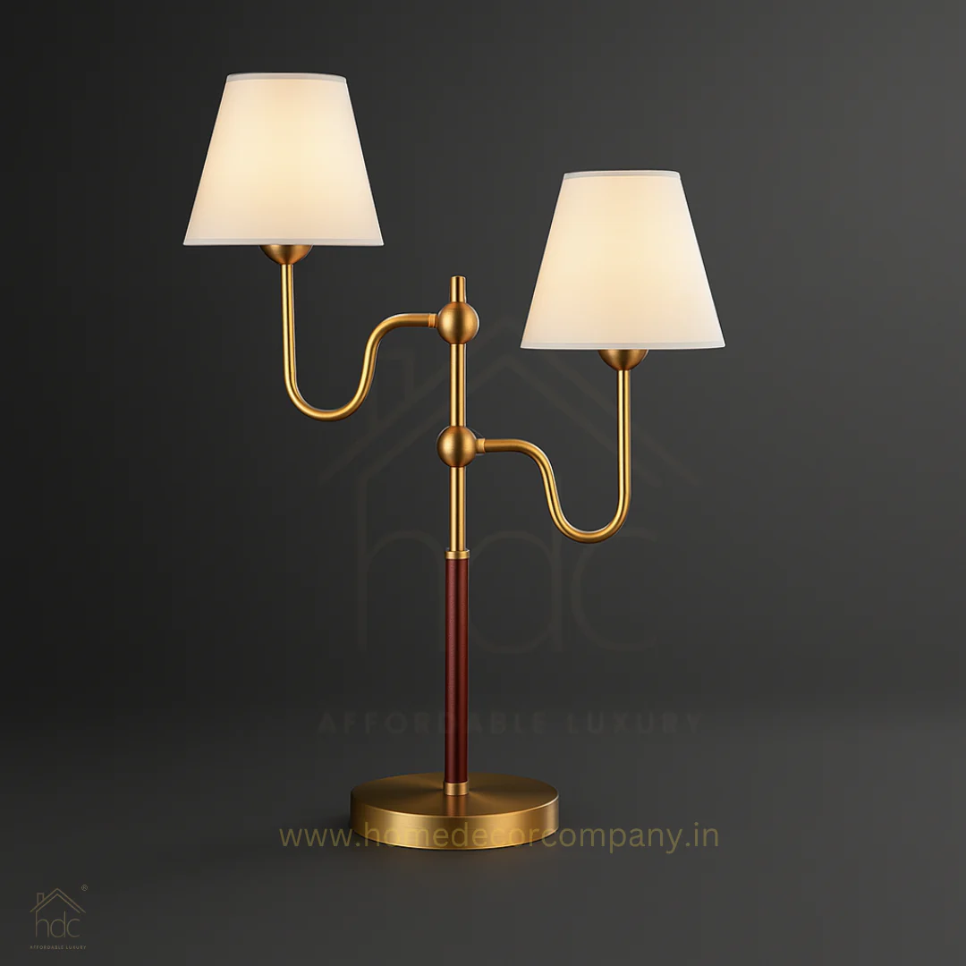 Fabric Shade Golden Base Dual Head Desk Table Lamp
